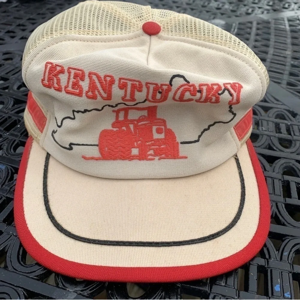 Vintage 3 Stripe Kentucky Tractor Farming SnapBack Mesh Trucker Hat 70s 80s